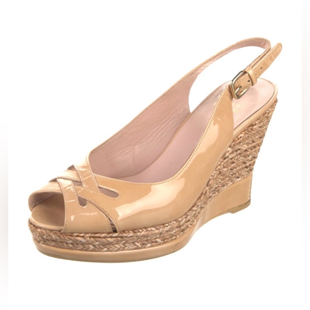 Stuart Weitzman women’s patent leather Tan Espadrille platform sandals shoes 8.5